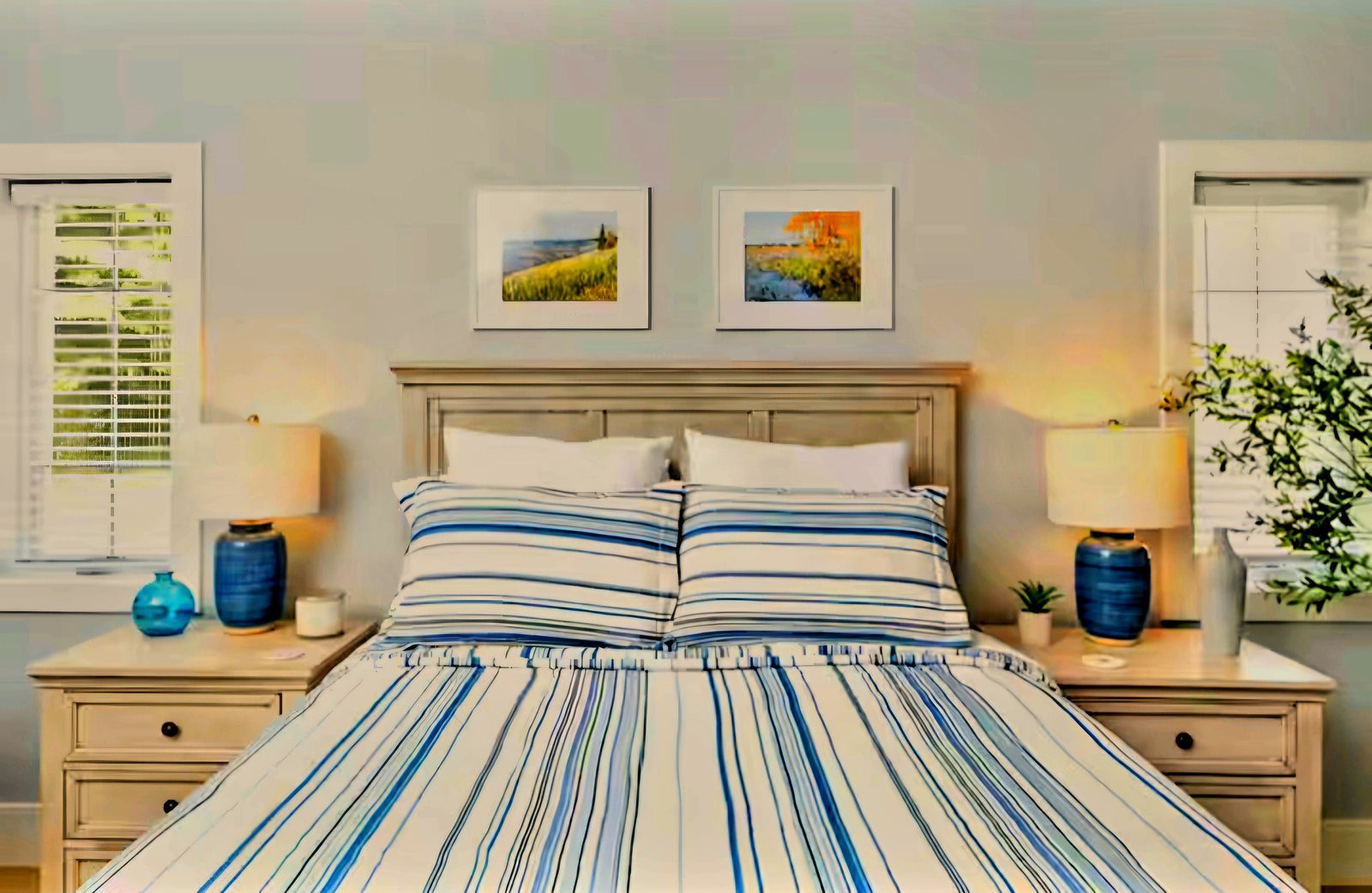 Queen bed with striped blue linens and rustic headboard